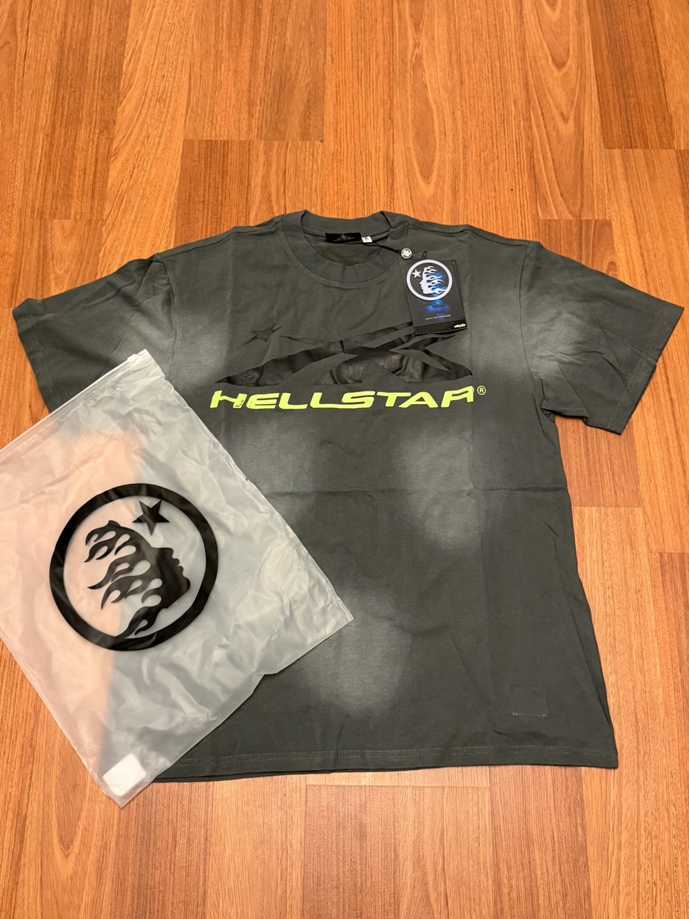 Hellstar Men's Short Sleeve Graphic Tee in Dark Gray with Neon Yellow Logo